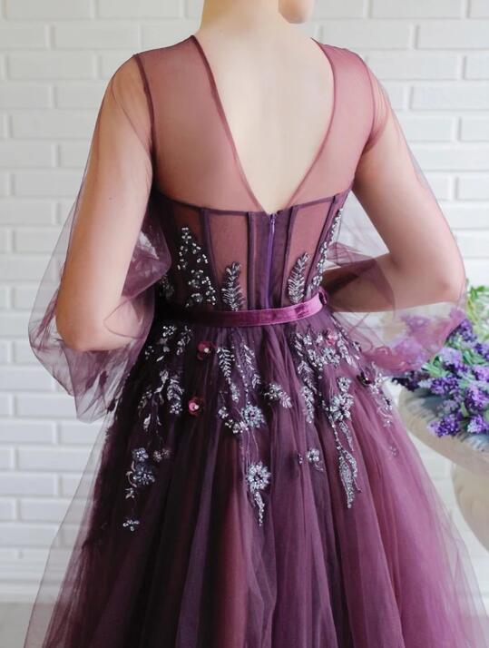 Elegant Evening Dresses Jewel Neck Lace 3D Floral Appliques Beaded Prom Dress Sweep Train Long Sleeves Formal Party Gowns