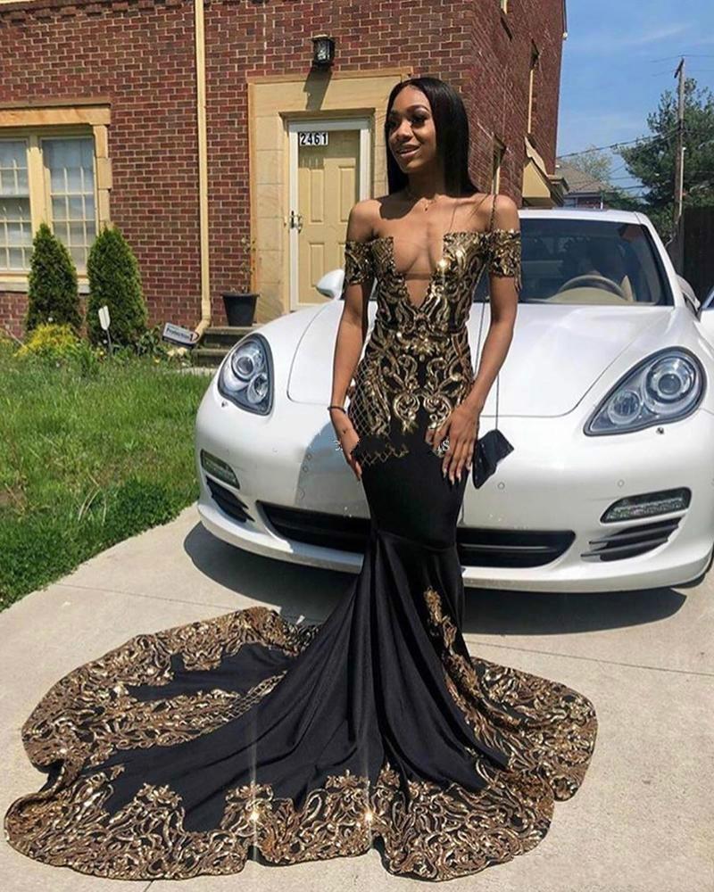 2020 African Black Prom Dresses With Gold Appliques Sequins V Neck Short Sleeve Mermaid Party Dress Court Train Evening Gowns, Hunter
2020 African Black Prom Dresses With Gold Appliques Sequins V Neck Short Sleeve Mermaid Party Dress Court Train Evening Gowns, Hunter