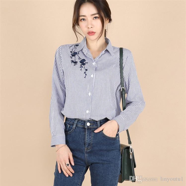2020 Floral Embroidery Striped Blouse Women Long Sleeve Shirt And Tops Casual Cotton Plus Size 3XL Tops Office Lady
