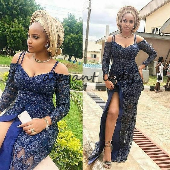 2019 Top Trending Asoebi Style Evening Formal Dresses Royal Blue Lace Sexy Slit Long Sleeve Ankara African Prom Party Dress