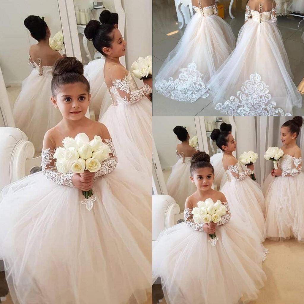 Blush Pink Arabic Flower Girls Dresses For Weddings Sheer Neck Long Sleeves Lace Appliques Ball Gown Birthday Girl Communion Pageant Gowns