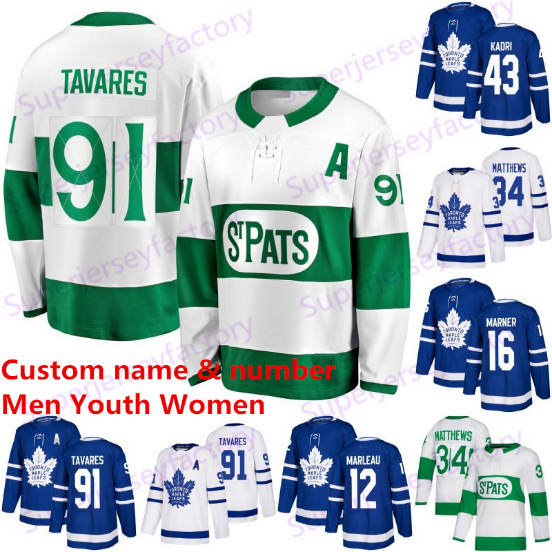 

91 John Tavares Toronto Maple Leafs Jerseys 34 Auston Matthews 29 William Nylander 16 Mitchell Marner 31 Frederik Andersen hockey Jersey, Men´s st. pats