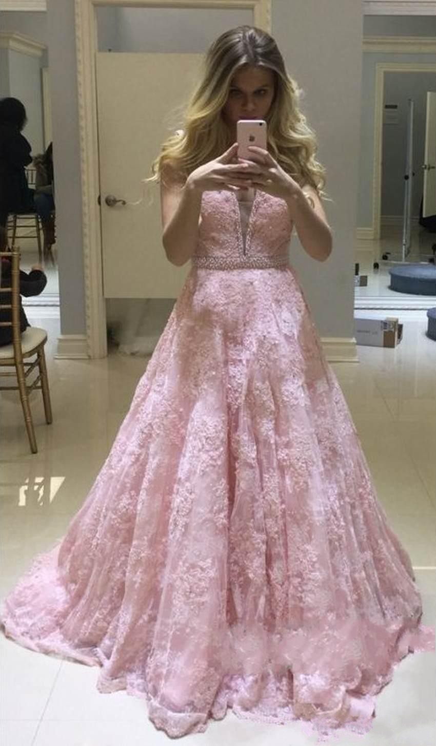 2019 Sexy Pink Prom Dresses Deep V Neck Lace Appliques Beads Sleeveless Open Back Sweep Train Plus Size Custom Party Dress Evening Gowns