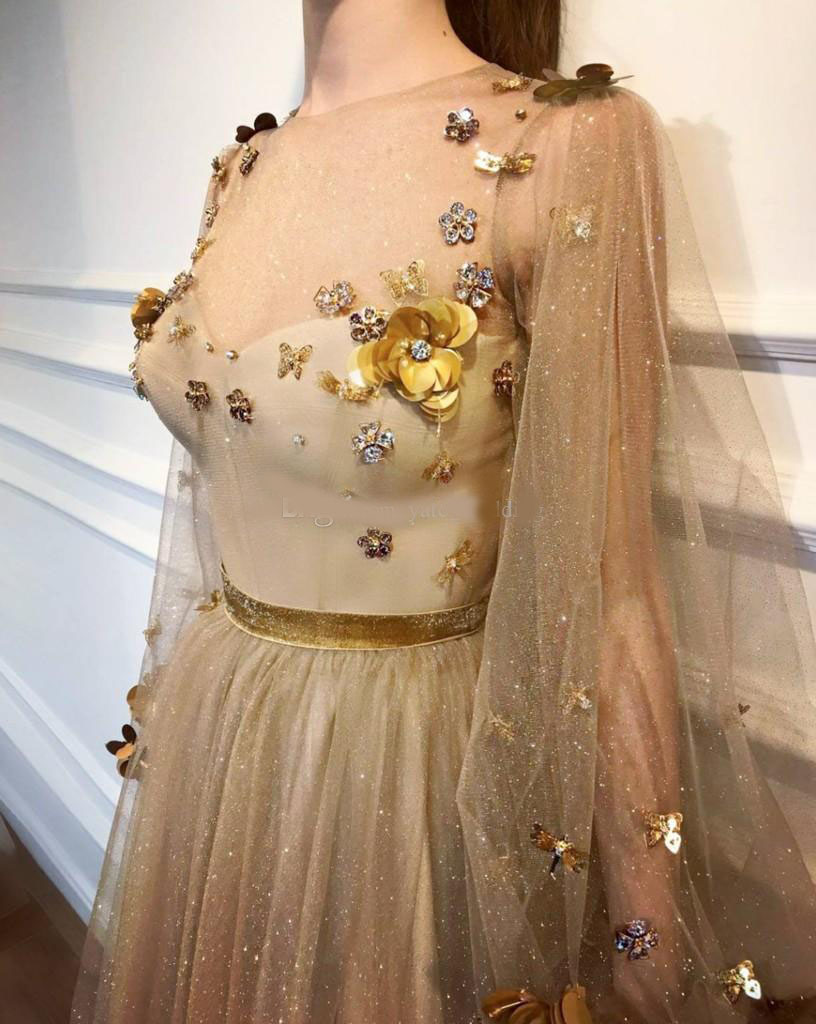 Gold Long Sleeves Evening Dresses 2020 Sheer Neck Flowers Tulle Floor Length Formal Evening Gowns Shiny Prom Dresses Zipper Up