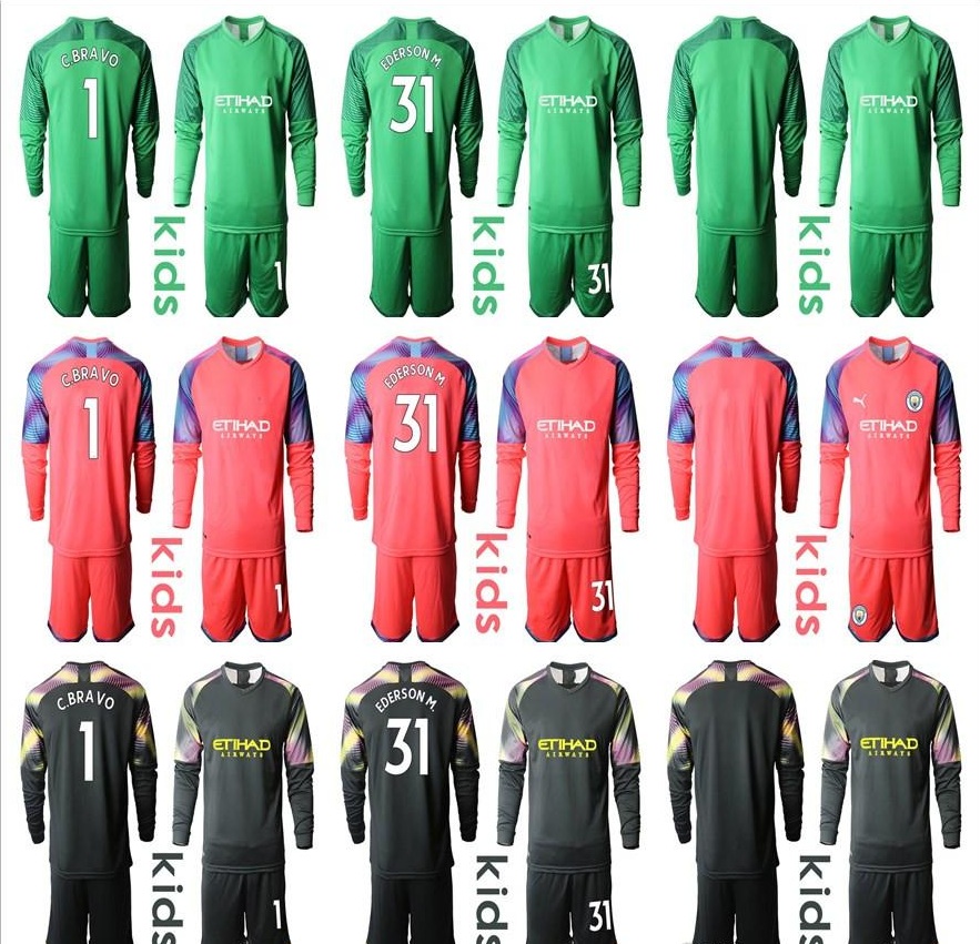 

2019 2020 Long Sleeve Kid Youth Ederson Moraes Goalkeeper Jerseys Kids Soccer Sets #31 Ederson M. #1 C. Bravo Boy Kit Children Uniform, Black