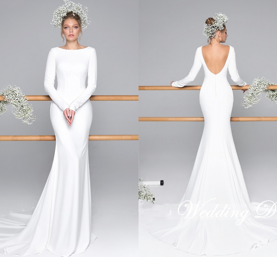 Scoop Satin Sexy Backless Mermaid Wedding Dress 2020 New Vintage Long Sleeve Simple Wedding Gowns Vestido De Novia