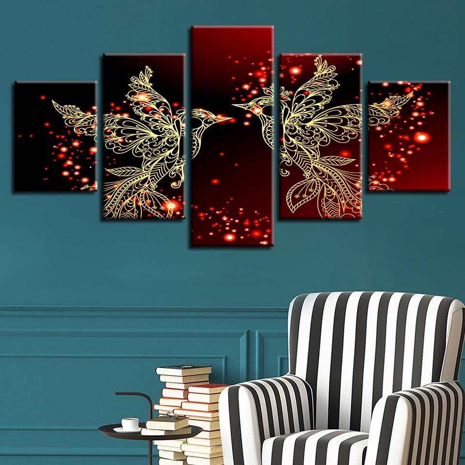 Home Decor HD Print Canvas 5 Pieces Red And Gold Love Birds Pictures Bedroom Romantic Wall Art Poster (No Frame)
