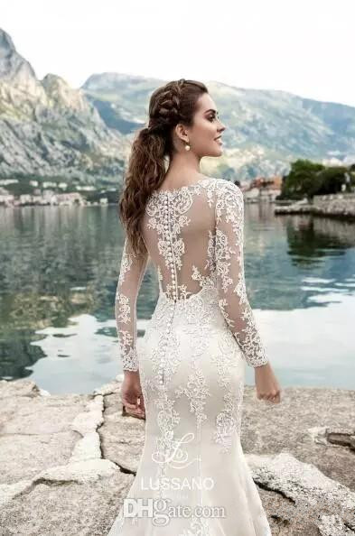 elegant long sleeve mermaid wedding dresses robe de mariage lace appliqued bridal gowns sheer crew neck vintage country wedding dress