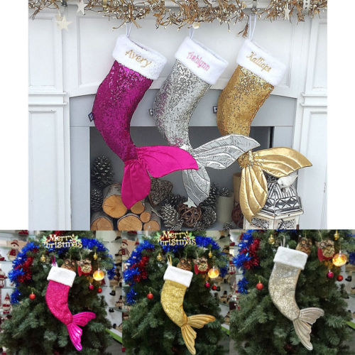 18'' Kids Sequin Mermaid Christmas Stocking for Xmas Presents, Red