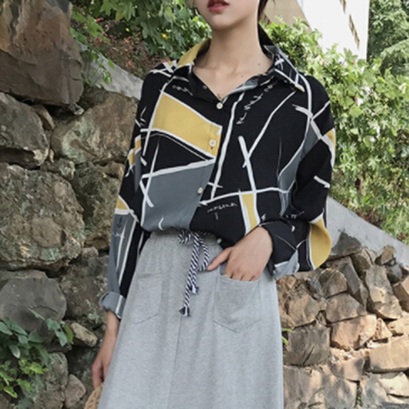 Chiffon Elegant Shirt Women Blouses Shirt 2019 Autumn Turn-Down Collar Geometric Print Long Sleeve Blusas Feminina Tops