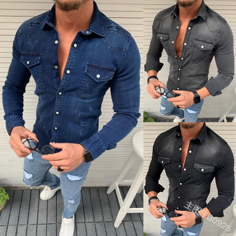 Simple men' denim shirt casual fashion button double pocket pocket decoration slim wash Denim Long sleeve coat, Black
Simple men' denim shirt casual fashion button double pocket pocket decoration slim wash Denim Long sleeve coat, Black