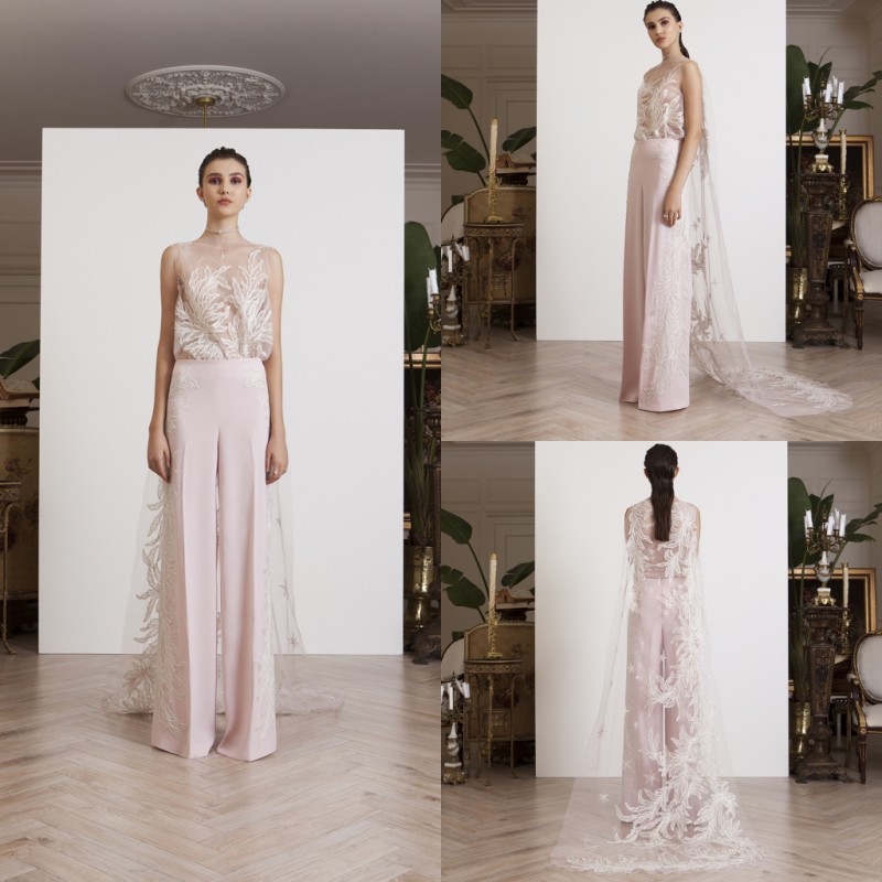 Azzi Osta 2019 Jumpsuits Prom Dresses With Cape Illusion Neck Lace Appliqued Celebrity Party Gowns Dubai Satin Evening Dress