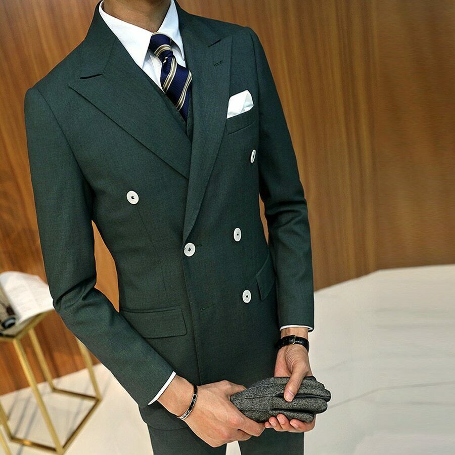 Business Men Tuxedos Groom Wedding Suits Double Breasted Slim Fit Best Man Wear Peaked Lapel Formal Work Blazer Suit (Jacket+Vest+Pants)