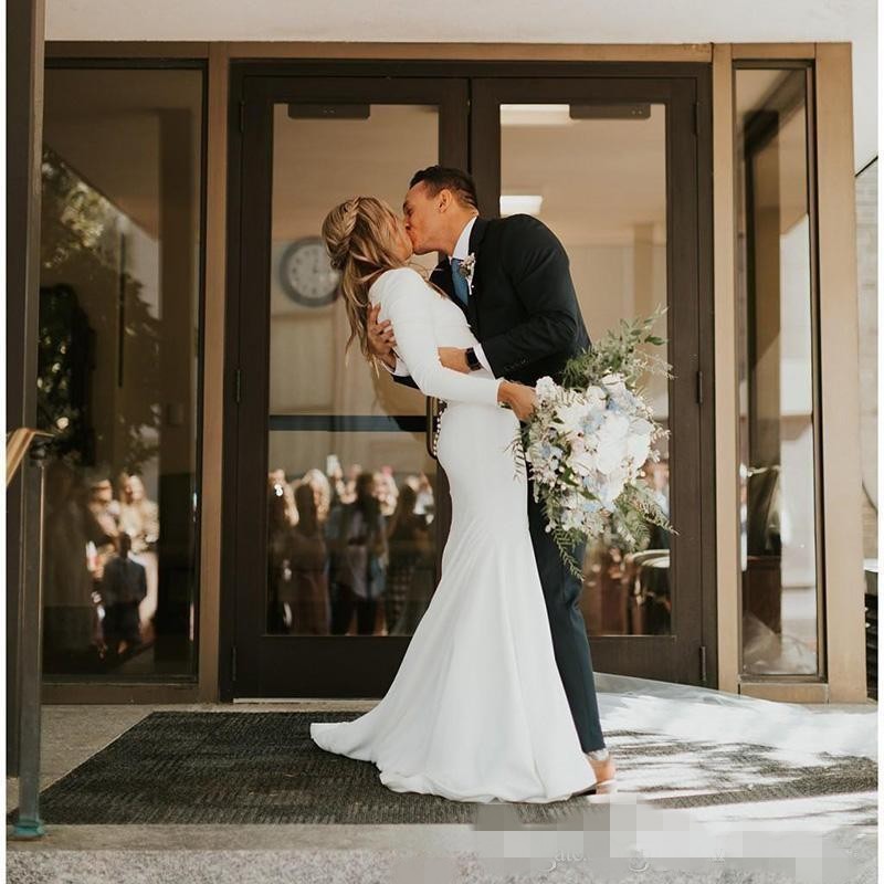 2020 Simple Mermaid Dresses Long Sleeves Chiffon Satin Sweep Train Covered Buttons Back Country Wedding Gown Vestido De Novia