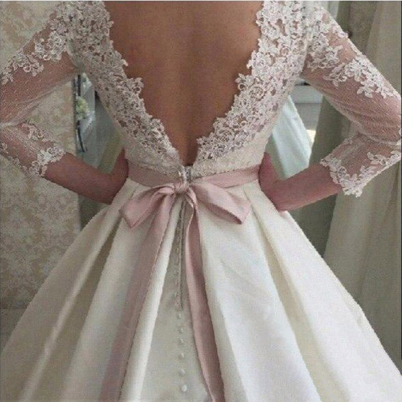 White Lace Appliques Backless Wedding Dresses 3/4 Sleeves Elegant Simple Bridal Dresses Open Back Cheap Wedding Gowns