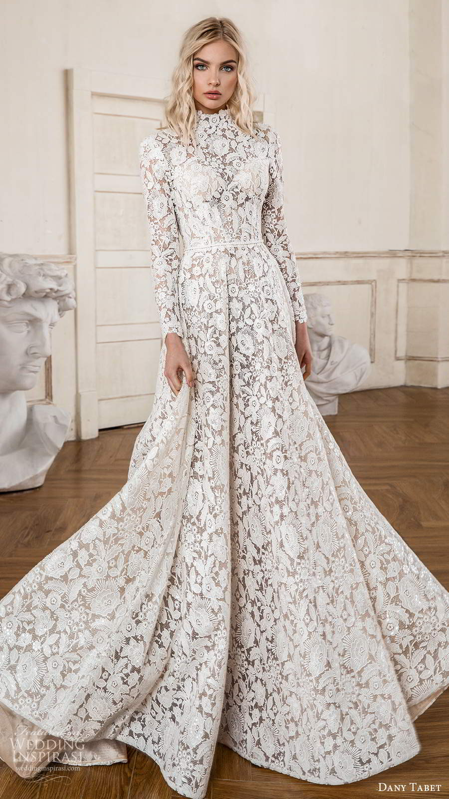 Lace Long Sleeve Wedding Dresses Applique A Line High Neck Hollow Back Boho Wedding Dress Sweep Train Bridal Gowns Robes De Mariée