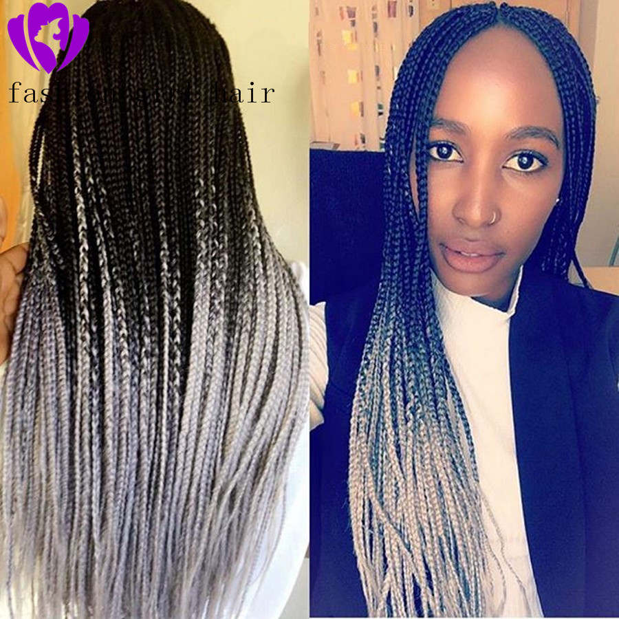 Synthetic Lace front Wigs Black Ombre Grey For Black Woman Box Braids Wig High Temperature Fiber cosplay party wig