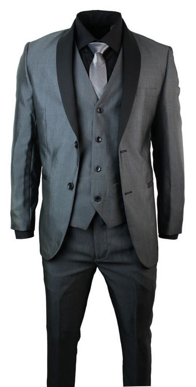 Men Slim Fit Suits Dark Grey Wedding Tuxedo With Black Shawl Lapel 3 Piece Office Wedding Dinner Party Suits