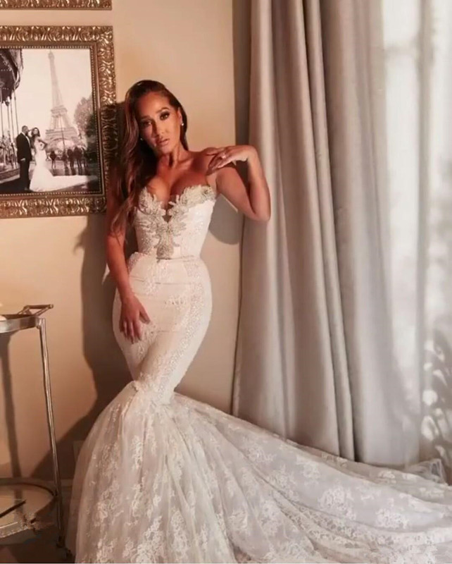 Crystal Sweetheart Mermaid Wedding Dresses 2020 Full Lace Applique Sweep Train Summer Beach Garden Dancing Bride Wedding Gown