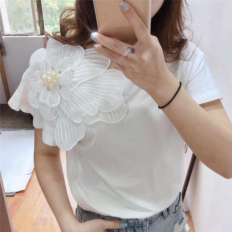 LUOSHA Women 2019 Summer 3D Flower Pear Beading Ruffles Sleeve Loose Cotton Tshirt And Tops Female Casual White Tshirts T200110