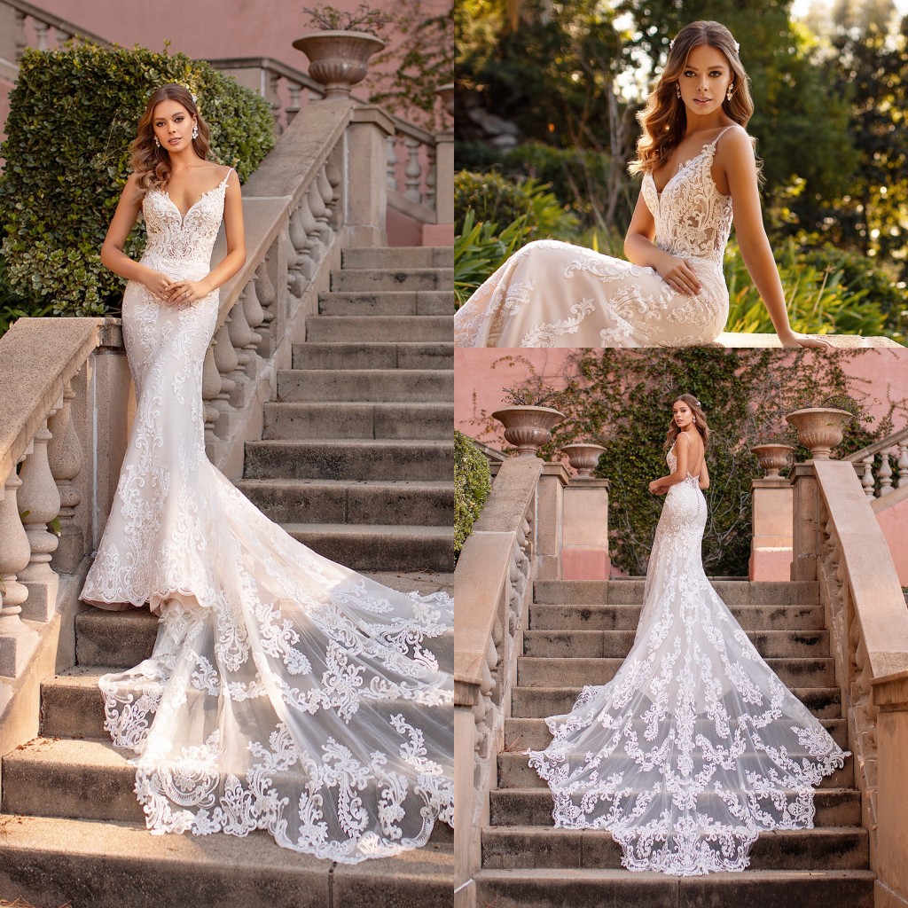 2020 Mermaid Wedding Dresses Spaghetti Straps Lace Appliques Beach Bridal Gowns Custom Made Open Back Sweep Train Robe De Mariee, Ivory
2020 Mermaid Wedding Dresses Spaghetti Straps Lace Appliques Beach Bridal Gowns Custom Made Open Back Sweep Train Robe De Mariee, Ivory