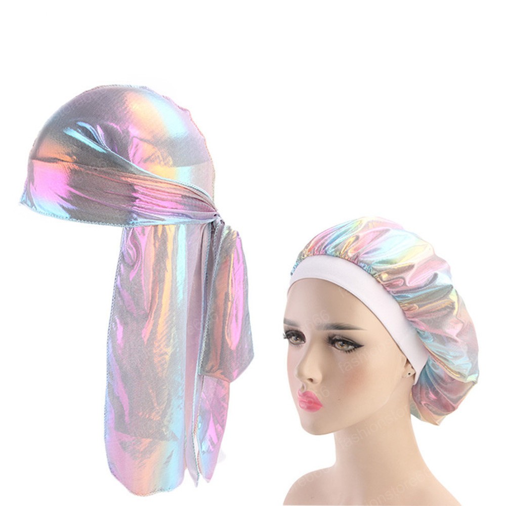 Fashion Men's Sparkly Silk Durag Bandana Headwear Colorful Wide Doo Rag Bonnet Polyester Cap Comfortable Sleeping Hat