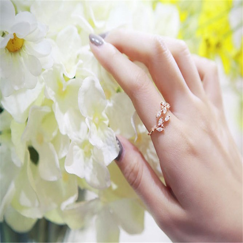 100% 925 Sterling Silver Clear Zircon Leaf Rings For Women Sterling Silver 925 Jewelry Simple Adjustable Statement Ring