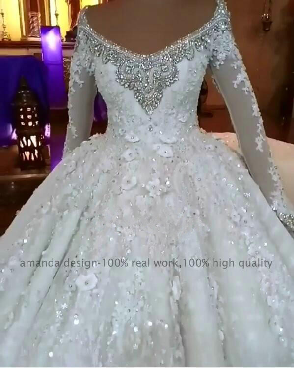 luxury new ball gown wedding dresses beading crystal long sleeve scoop neck plus size bridal gowns wedding dress