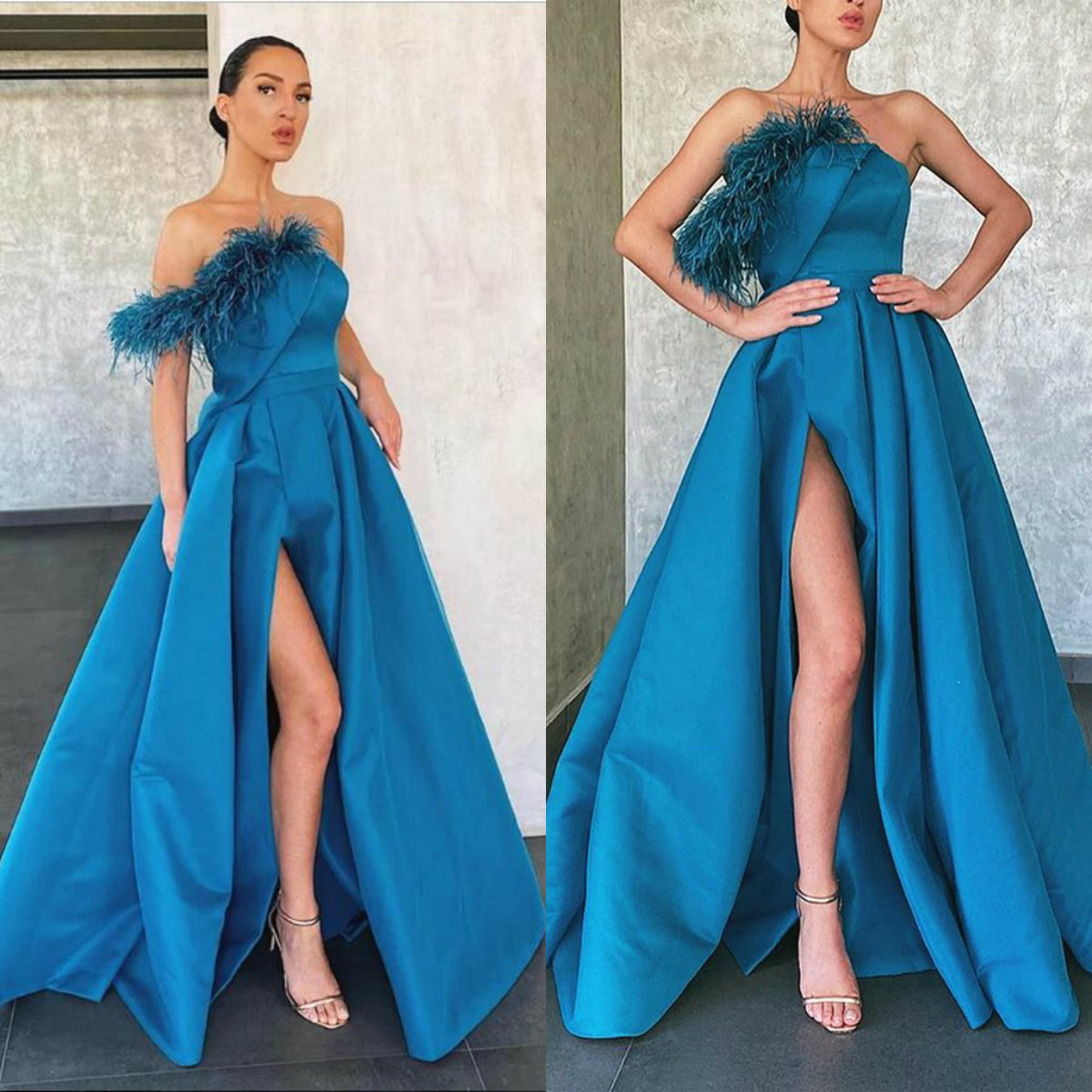 Abendkleider A Line Peacock Blue Prom Dresses Feather High Side Split Floor Length Formal Evening Dresses Satin Ruffles Cheap Party Gowns