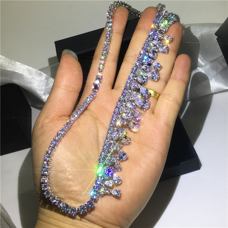 vecalon Stunning Water Drop Necklace Full Diamonds Cz White Gold Filled Party Necklace for women Bridal Wedding accessory Jewelry