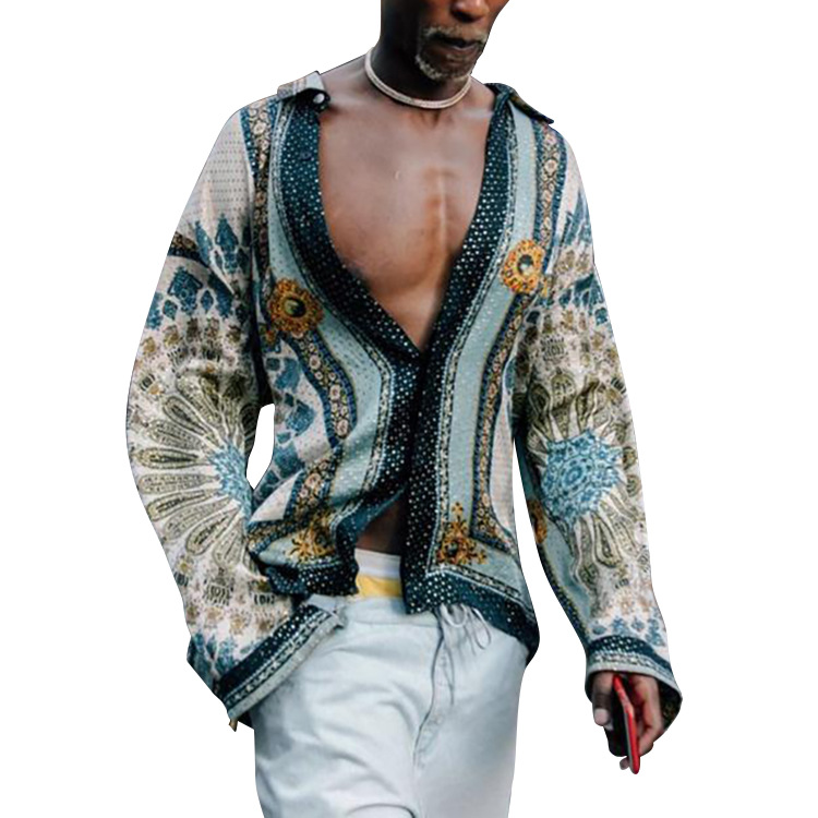 Mens Bohemian Printed Deep V-Neck Long Sleeve Shirt Lapel Collar Vintage Casual Blouse Polyester - High Street Fashion B1