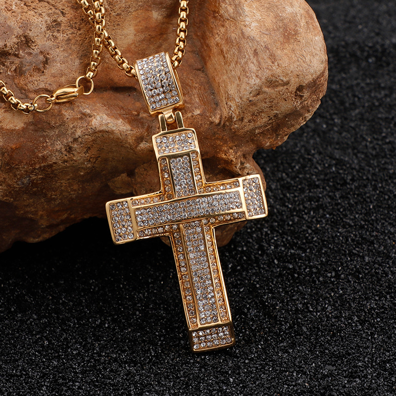 Double Layers Cross Pendants Necklace Men Hip Hop 316L Stainless Steel Full Cubic Zirconia Setting 18K Gold Plated Jewelry