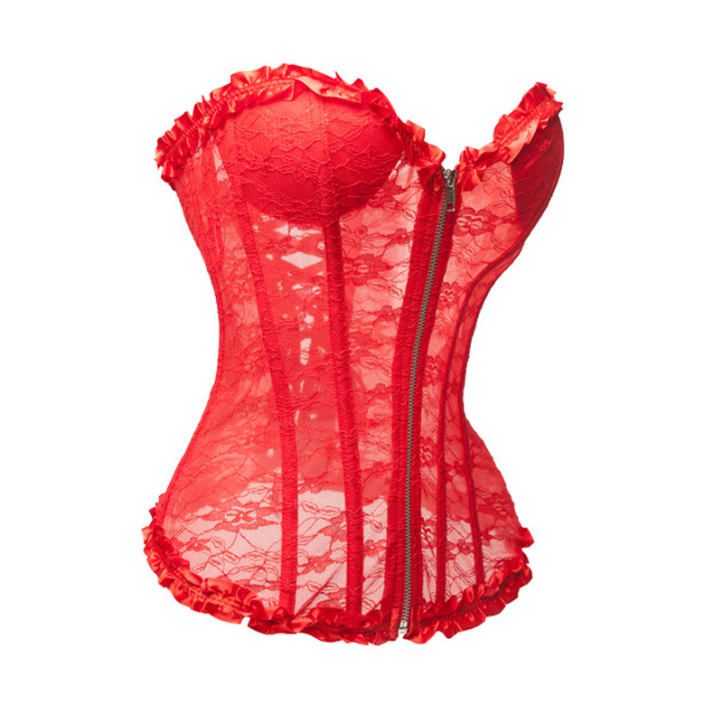 Lace Mesh Zipper Overbust Corset Women Fashion Padded Underwire Cups with Pleated Ruffle Trim Sexy Lace-up White Bridal Corset
