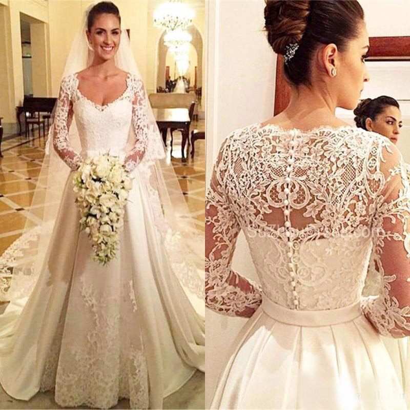 Vintage 2020 New Arrival Wedding Dresses Robe de marriage V Neck Lace Applique Long Sleeves Sweep Train Wedding Dress Bridal Gowns