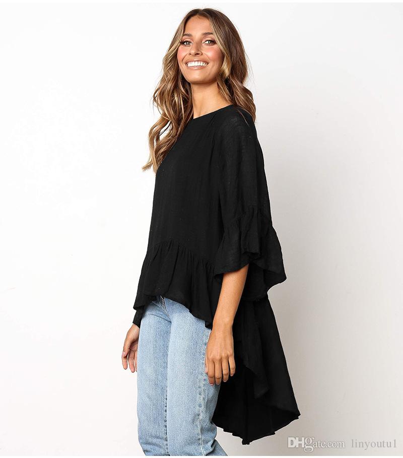 2020 Irregular T Shirt Solid Color Femme 2019 Long Back Short Front Tops Ripped T Shirts Kawaii Plus Size Fashion Seven-quarter sleeve tops