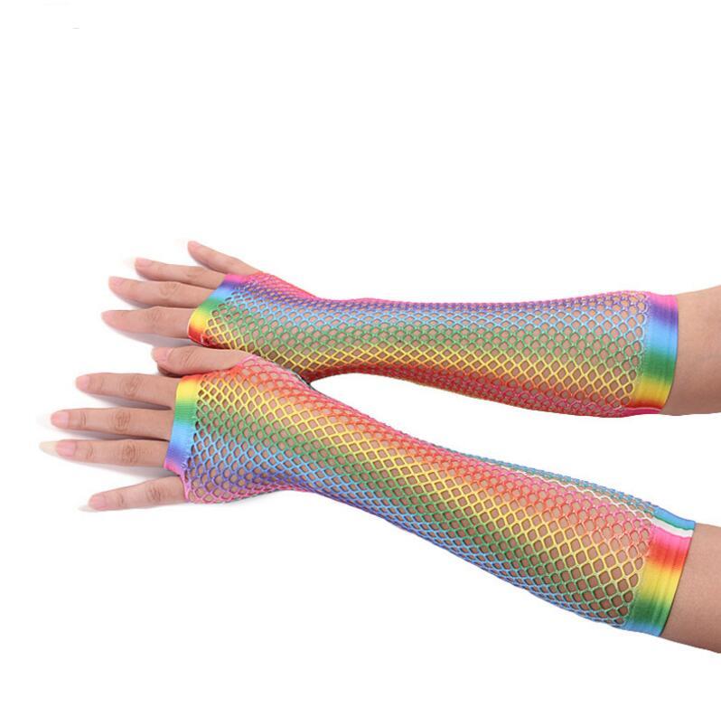 FashionRainbow Fishnet Fingerless Gloves Sexy Colorful Shiny Mermaid Long Halffinger Gloves Bridal Party Nightclub Fishnet Gl