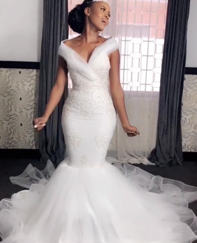 African Mermaid Dresses for Black Girls Off Shoulder Backless Beaded Pearls Plus Size Wedding Dress Bridal Gowns vestidos de novia