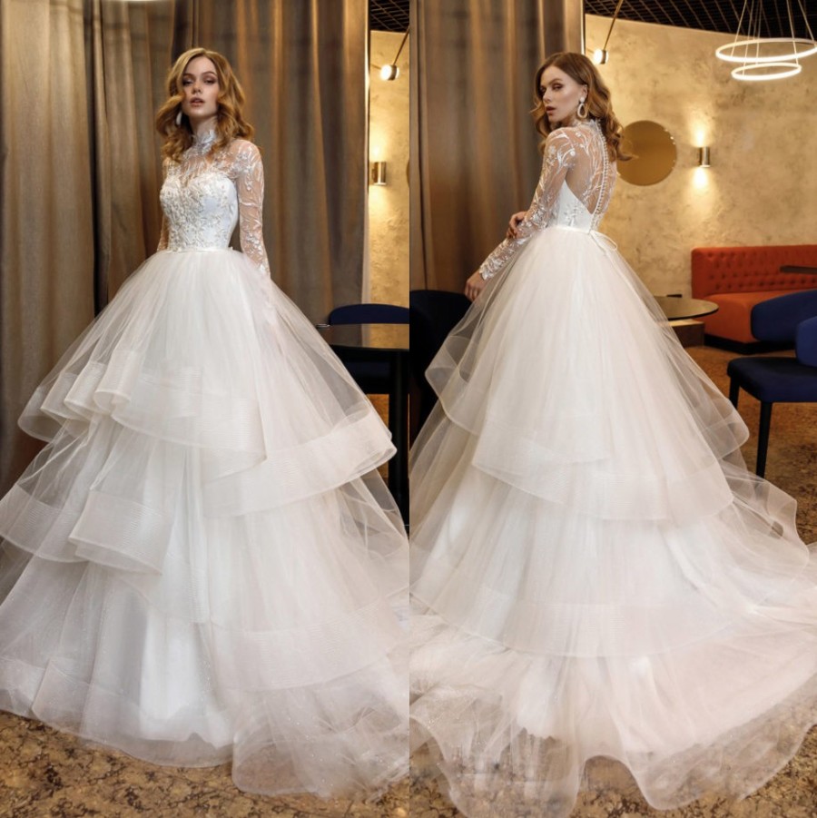 Fashion Beaded Lace Tiered Wedding Dresses Sheer High Neck Long Sleeves Bridal Gowns A Line Sweep Train Tulle robe de mariée