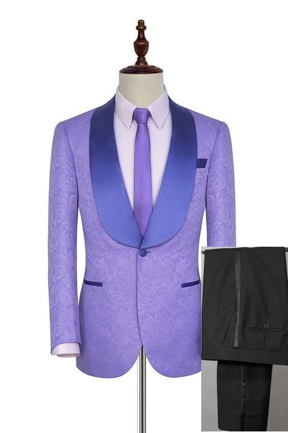 Mens Suits Lilac Pattern and Black Groom Tuxedos Shawl Satin Lapel Groomsmen Wedding Best Man 2 Pieces ( Jacket+Pants+Tie ) L509