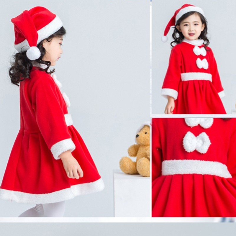 THIN Little Santa Claus Costume Children Christmas Outfit White Fuzzy Trim Girls Bowknot Dress Boys Shirt Pants Hat Set Cosplay 1-13 yrs