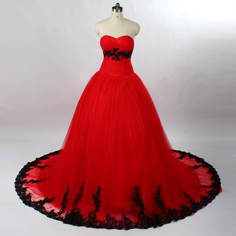 Black And Red Gothic Ball Gown Wedding Dresses Sweetheart Lace Appliques 1960s Colorful Bridal Gowns Lace Up