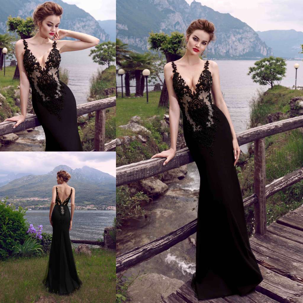 2019 New Modest Black Sexy Evening Dresses Lace Deep V Neck Backless Prom Gowns Evening Wear Red Carpet Dresses