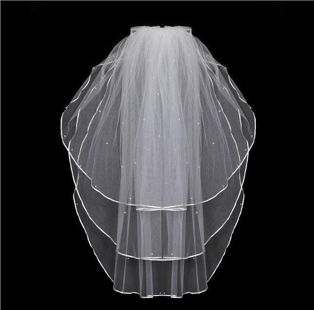 White Ivory Wedding Veils Three-layers Tulle Ribbon Pearls Beads With Comb Velos De Novia Bridal Hair Accessories Free Shipping