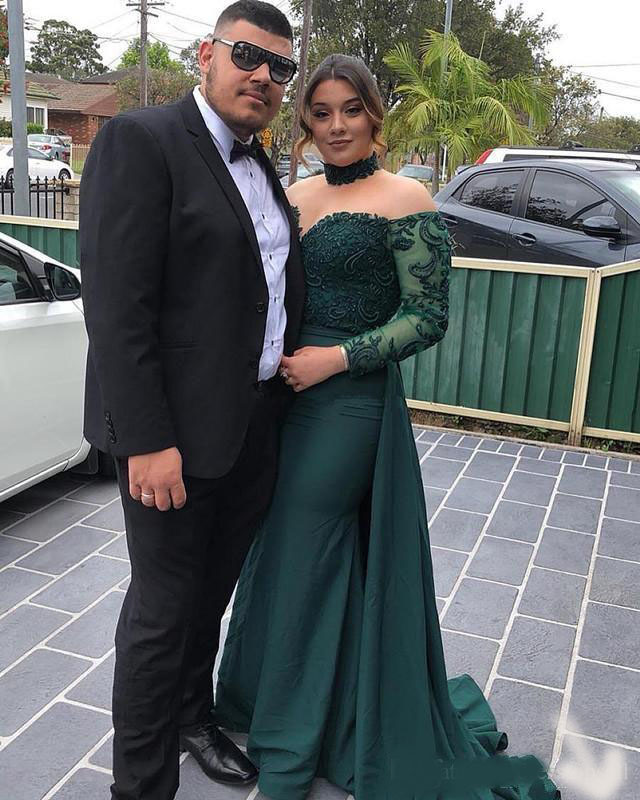 Plus Size Dark Green Mermaid Prom Dresses With High Neck Long Sleeve Illusion Bodice Appliques Beaded Long Formal Evening Gowns
