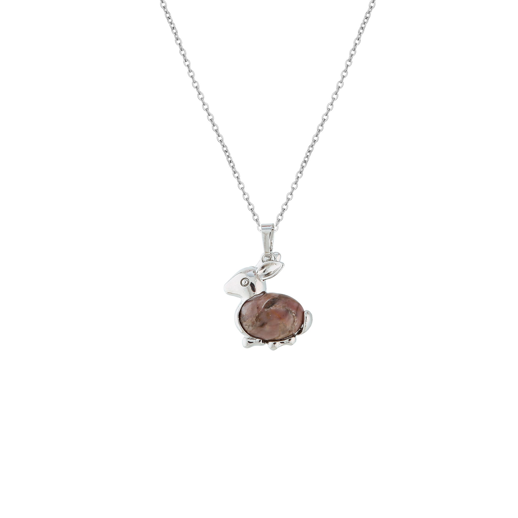 Rabbit Pendant Easter Lady Silver Necklace Cute Sweet Stainless Steel Natural Stone