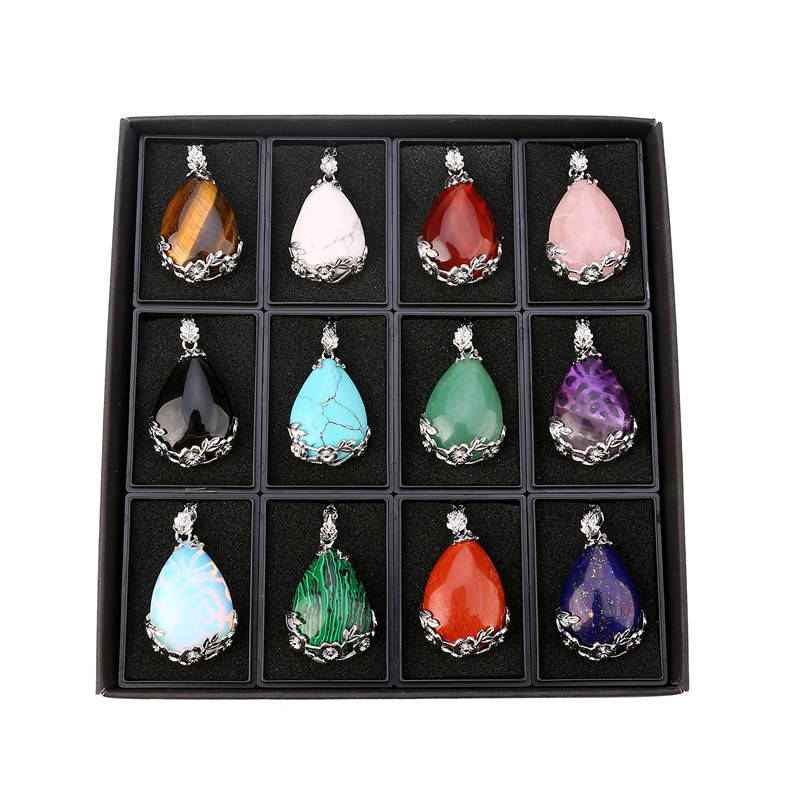 12 random stone alloy water drop pendant (silver) men and women necklace popular retro fashion jewelry