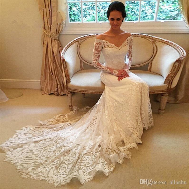 2019 Long Sleeves Modest Mermaid Wedding Dresses Lace Appliqued Fishtail Off-shoulder Country Bridal Gowns Custom Made Cheap Wedding Dress