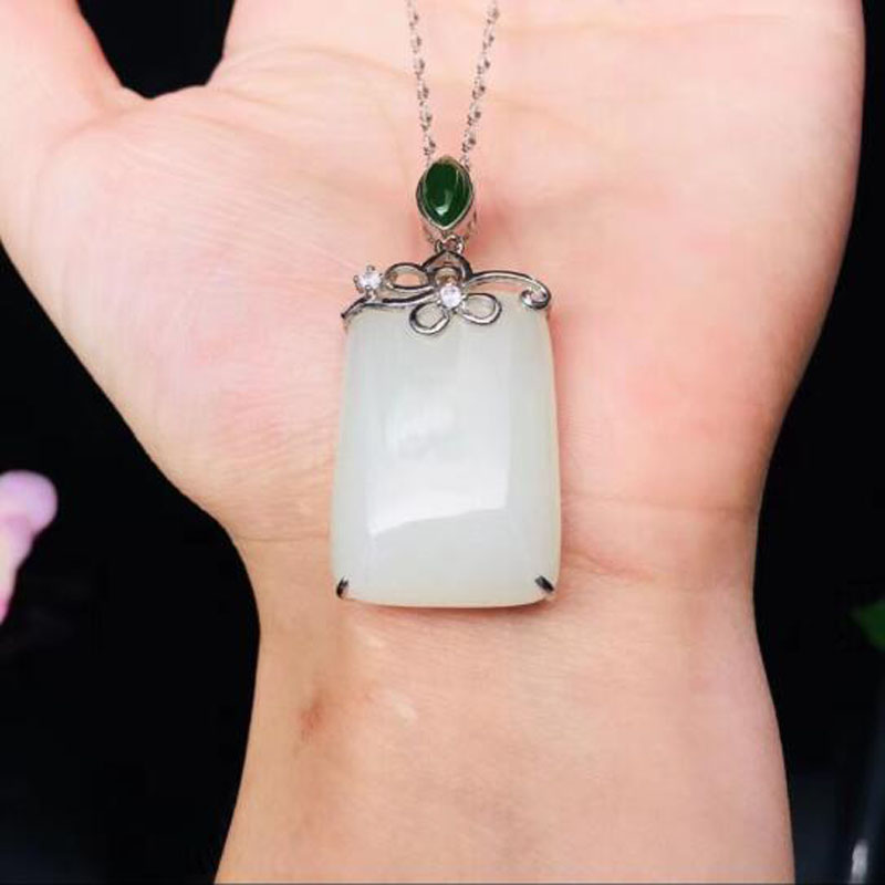 Real 925 Silver White HeTian Jade Rectangle Shape Design Lucky Pendant + Chain Choker Necklace For Women Jewelry