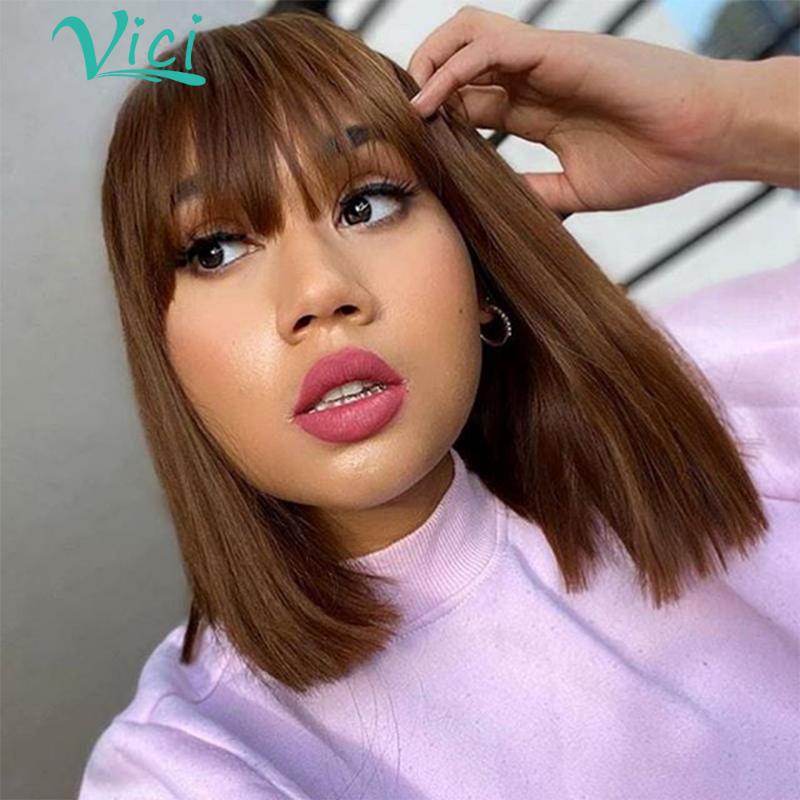 

Short Human Hair Wigs For Black Women Brown Lace Front Wig Human Hair Wigs With Bangs Blunt Cut Bob Lace Front Straight, As pic