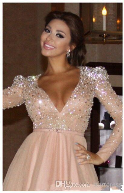 2019 Formal Evening Dresses Sequined V Neck Floor Length Long Sleeves Prom Dress Custom Made Plus Size Party Gowns